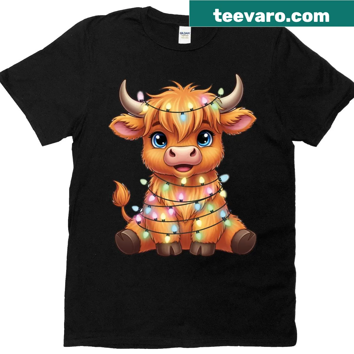 Cute Highland cow with Christmas lights graphic t-shirt — on a men's t-shirt
