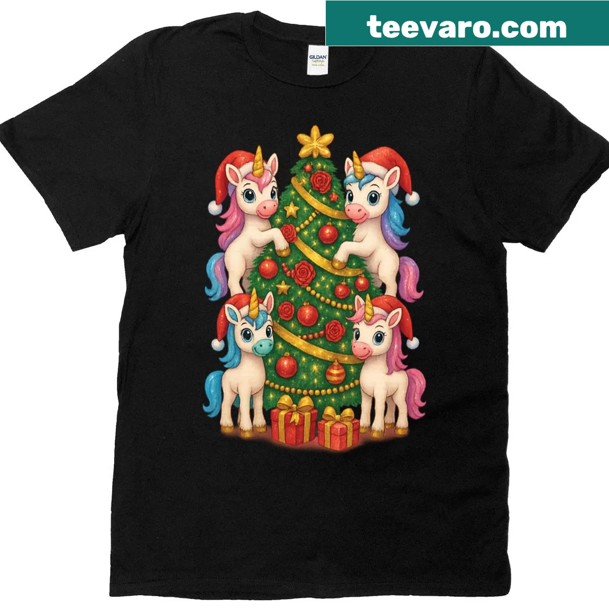 Cute Christmas unicorns with a decorated tree in a magical holiday design. — on a men's t-shirt