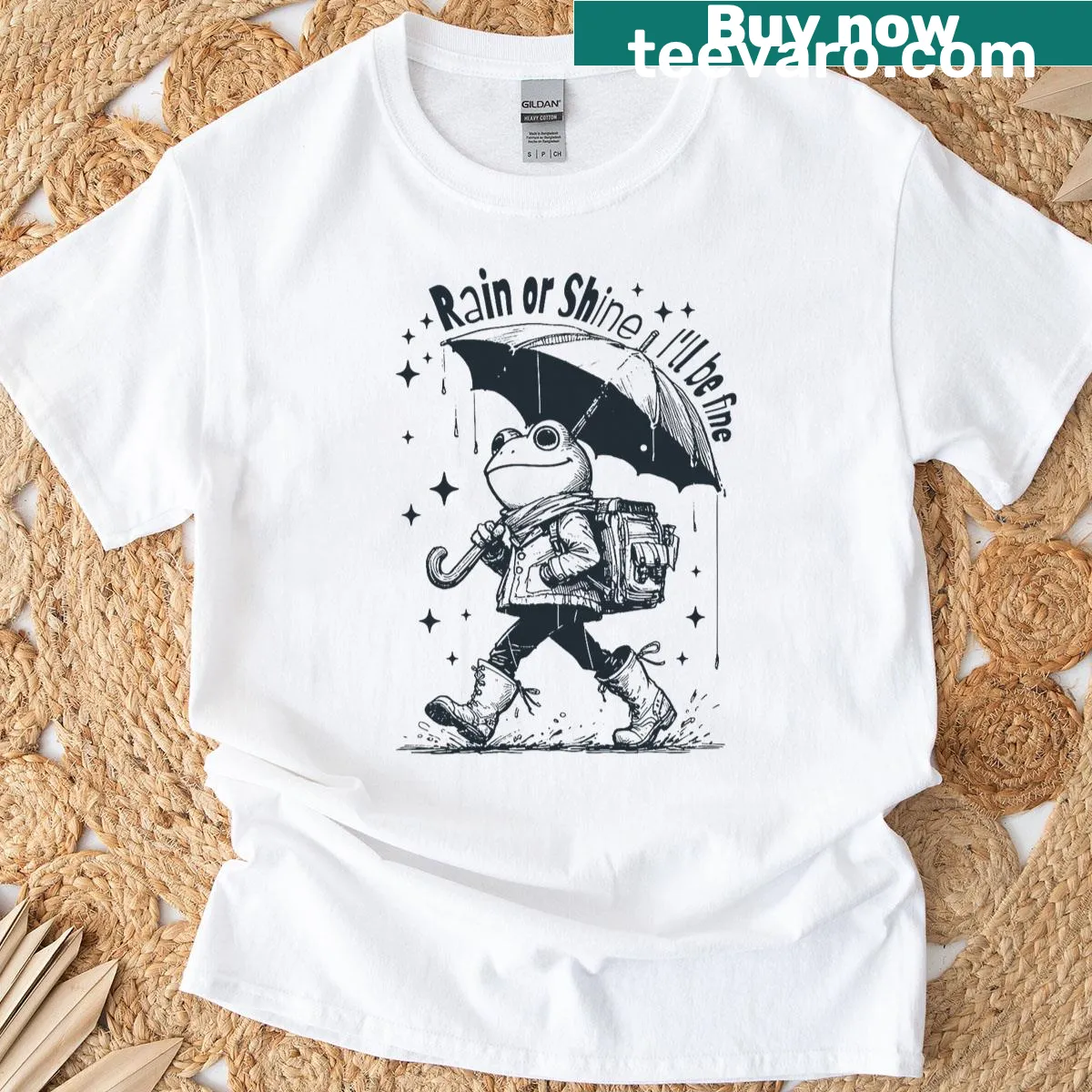 Cartoon frog walking in the rain graphic t-shirt — on a men's t-shirt