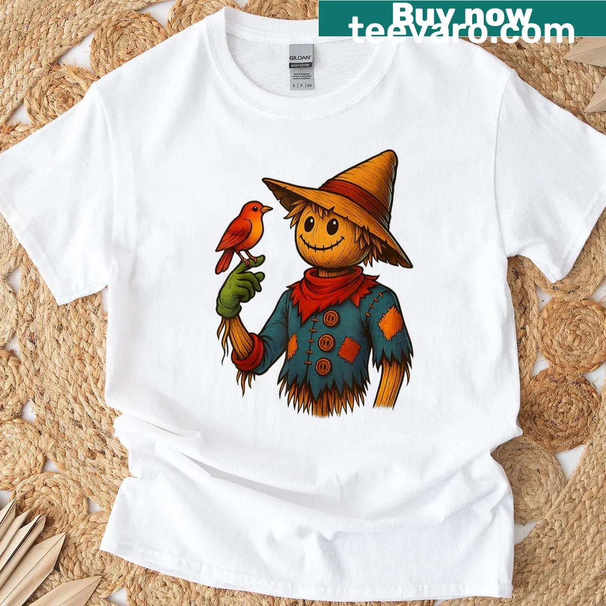 Whimsical scarecrow and bird illustration on T-shirt — on a men's t-shirt