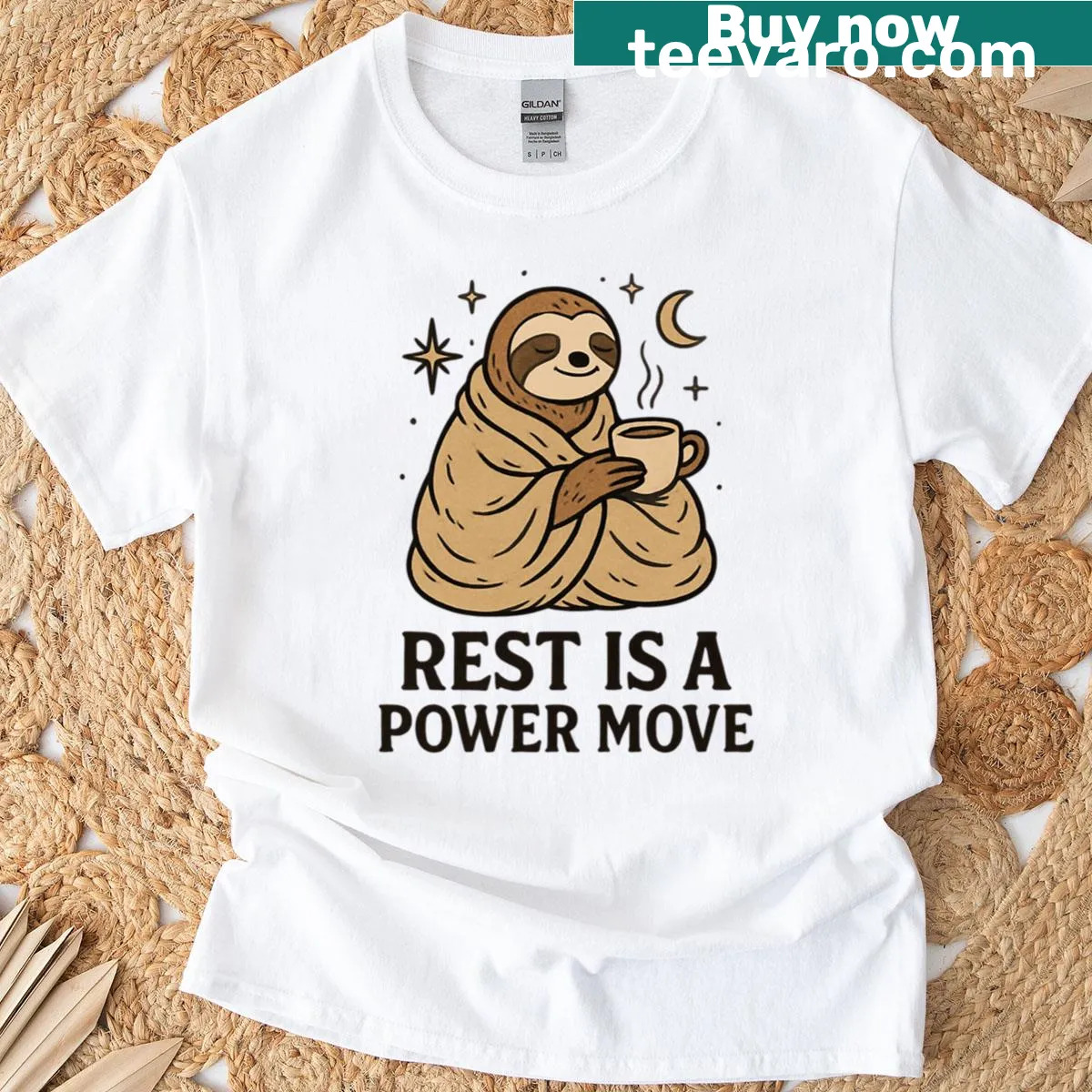 Cute sloth illustration with 'Rest is a Power Move' text t-shirt — on a men's t-shirt
