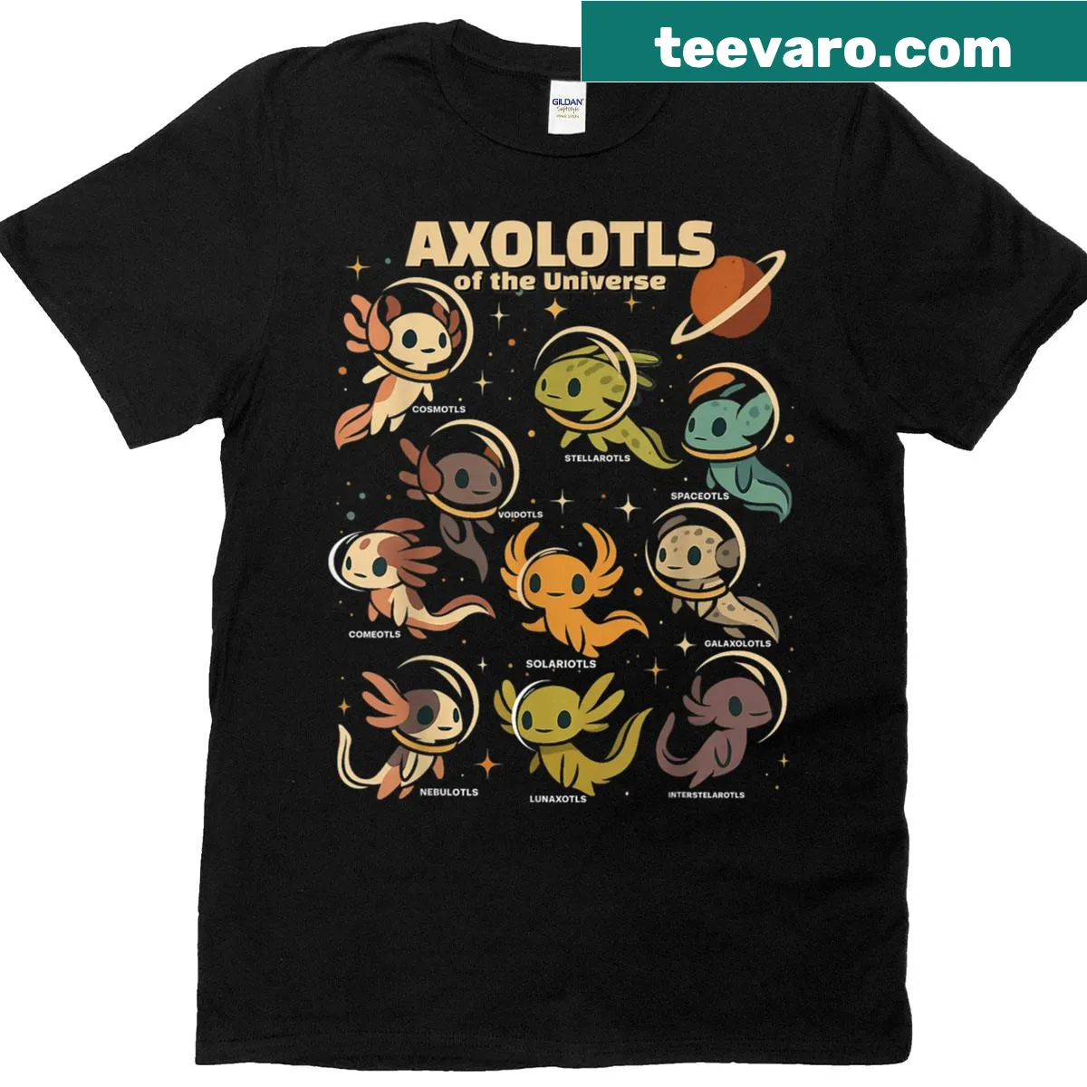 Kawaii axolotl in a galaxy background on a retro styled t-shirt — on a men's t-shirt