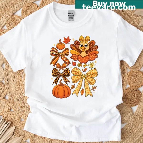 Cute turkey with bows and pumpkins design on a Thanksgiving t-shirt