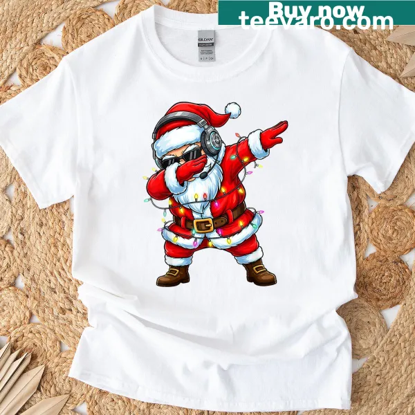 Cartoon Santa DJ dabbing graphic on a Christmas t-shirt