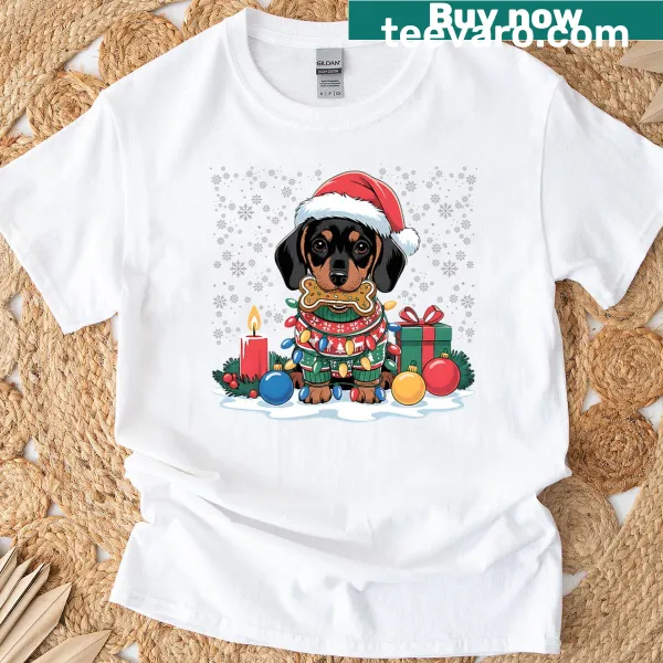 Dachshund in Santa hat and Christmas lights graphic on a t-shirt