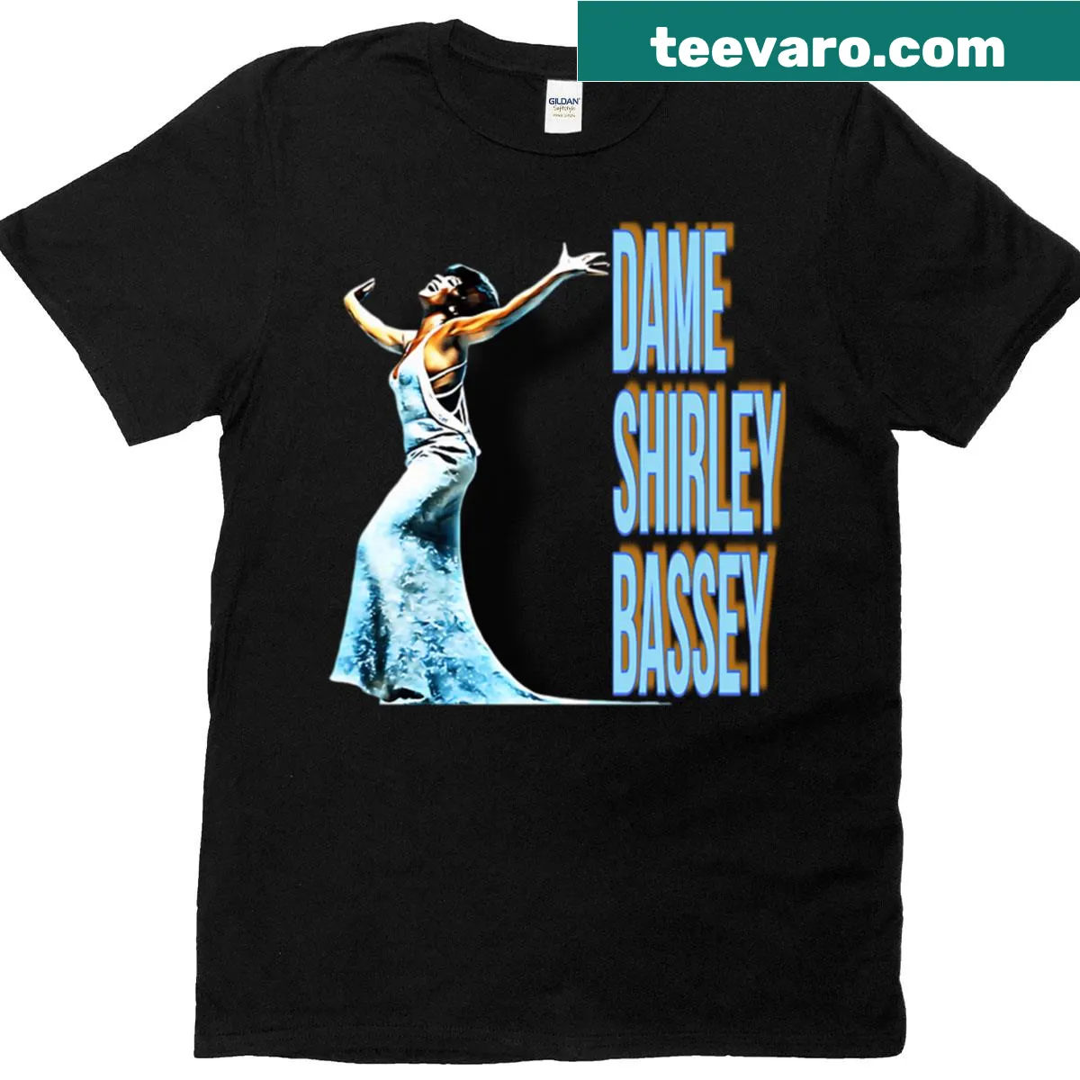T-shirt featuring the name Dame Shirley Bassey in elegant font — on a men's t-shirt