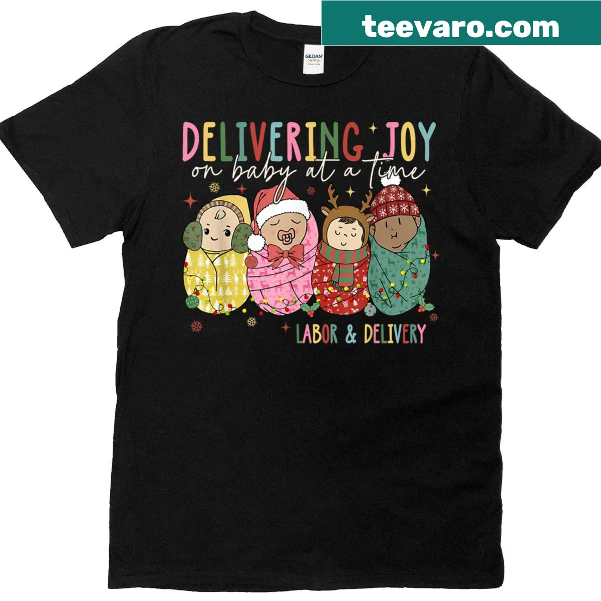 Labor delivery themed Christmas t-shirt celebrating new babies — on a men's t-shirt