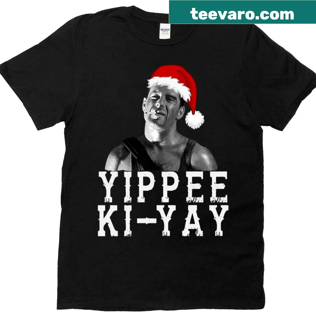Cartoon-style Die Hard fan art tee with the phrase 'Yippee Ki Yay'. — on a men's t-shirt