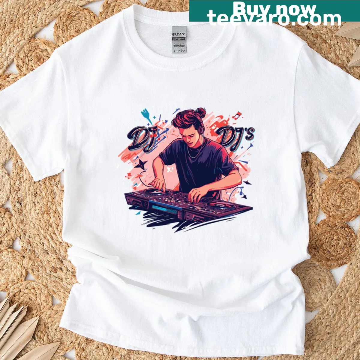 DJ art electronic music t-shirt with bold typography — on a men's t-shirt