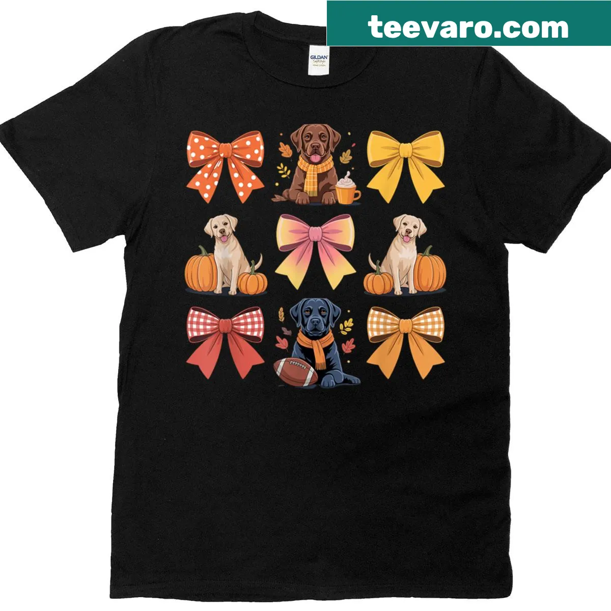 Thanksgiving t-shirt with a dog bow and pumpkin design — on a men's t-shirt