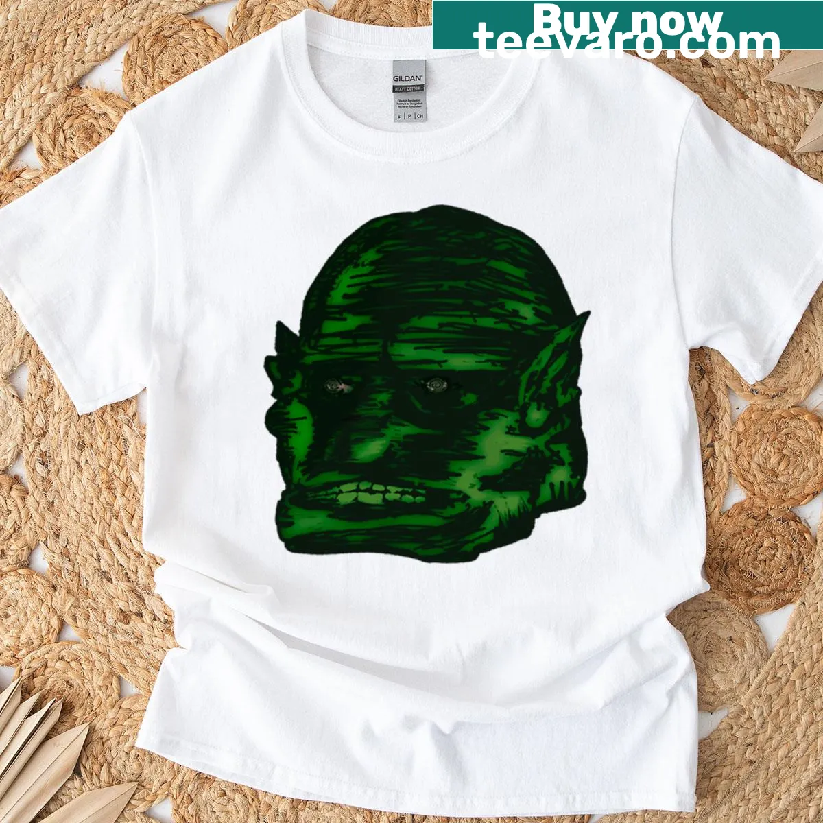 Illustrated T-shirt featuring a dove with a green head design — on a men's t-shirt