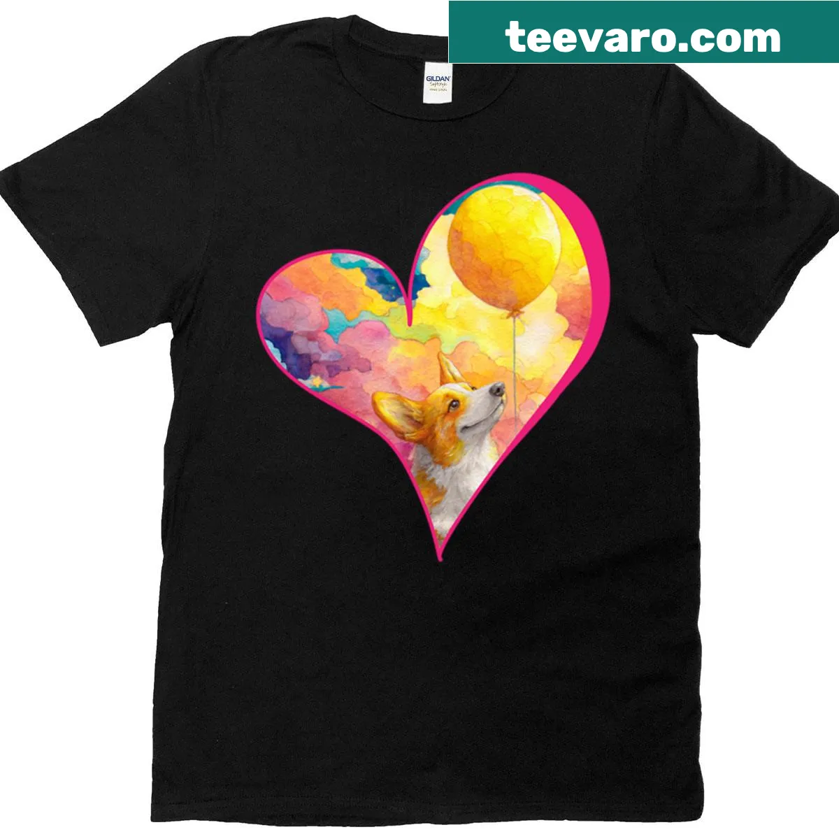 Watercolor illustration of a dreamy corgi with a yellow balloon on T-shirt — on a men's t-shirt