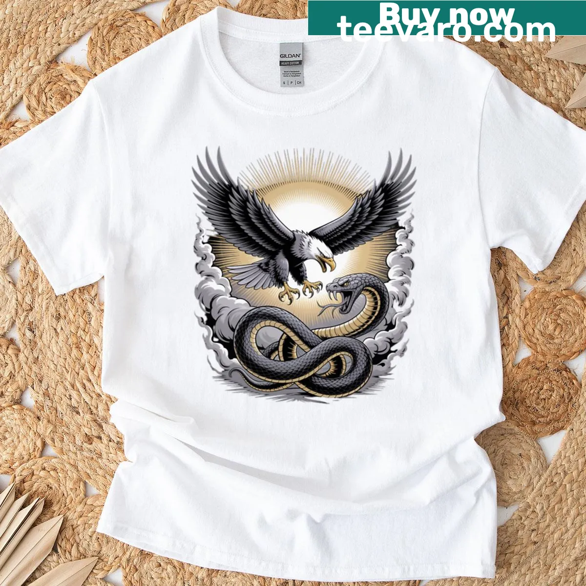 Illustrated T-shirt of an eagle fighting a snake — on a men's t-shirt