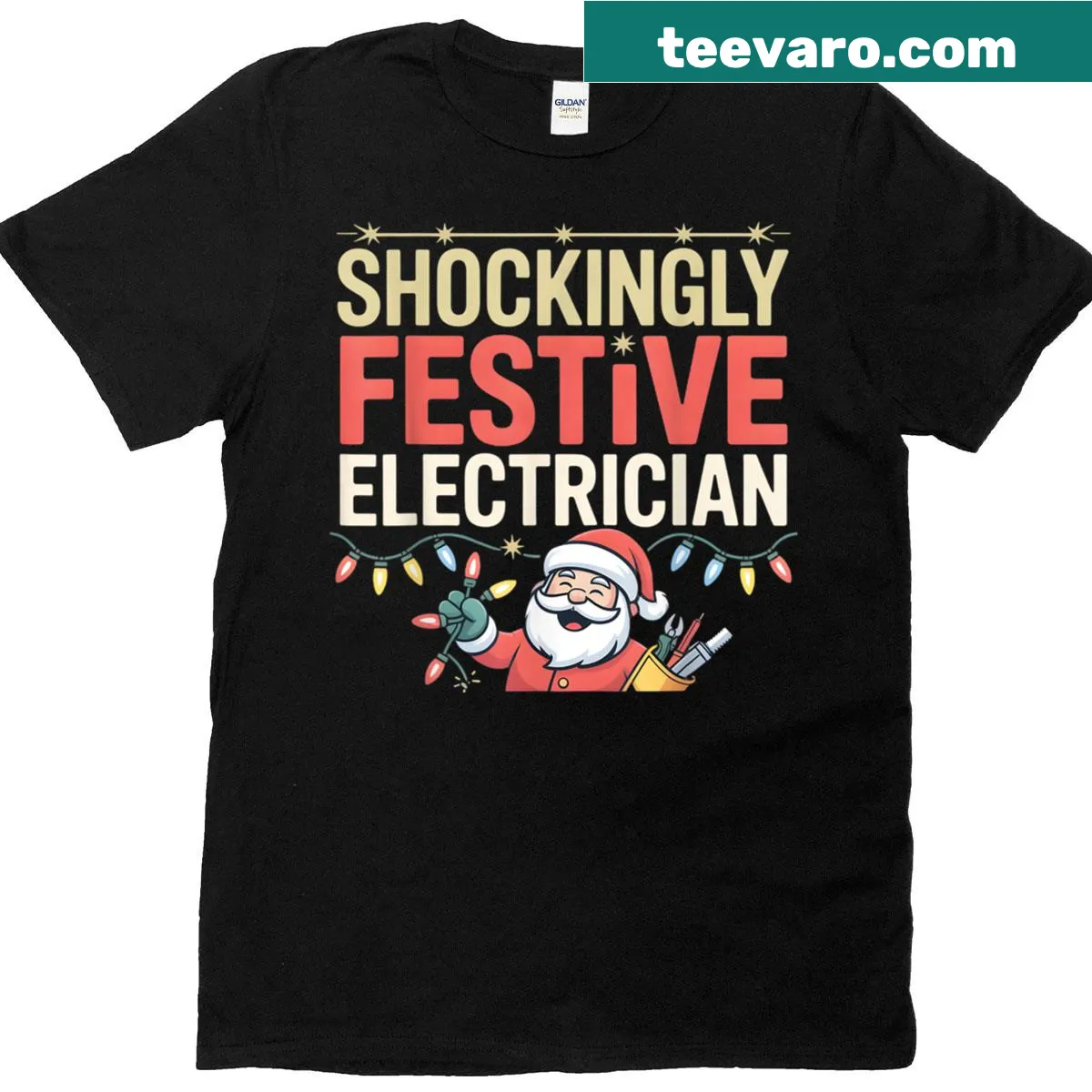 Humorous electrician themed Christmas t-shirt with festive text — on a men's t-shirt