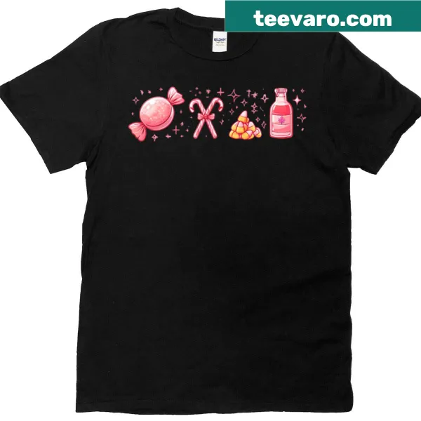 Illustrated tee showing the four food groups of elves for the holidays