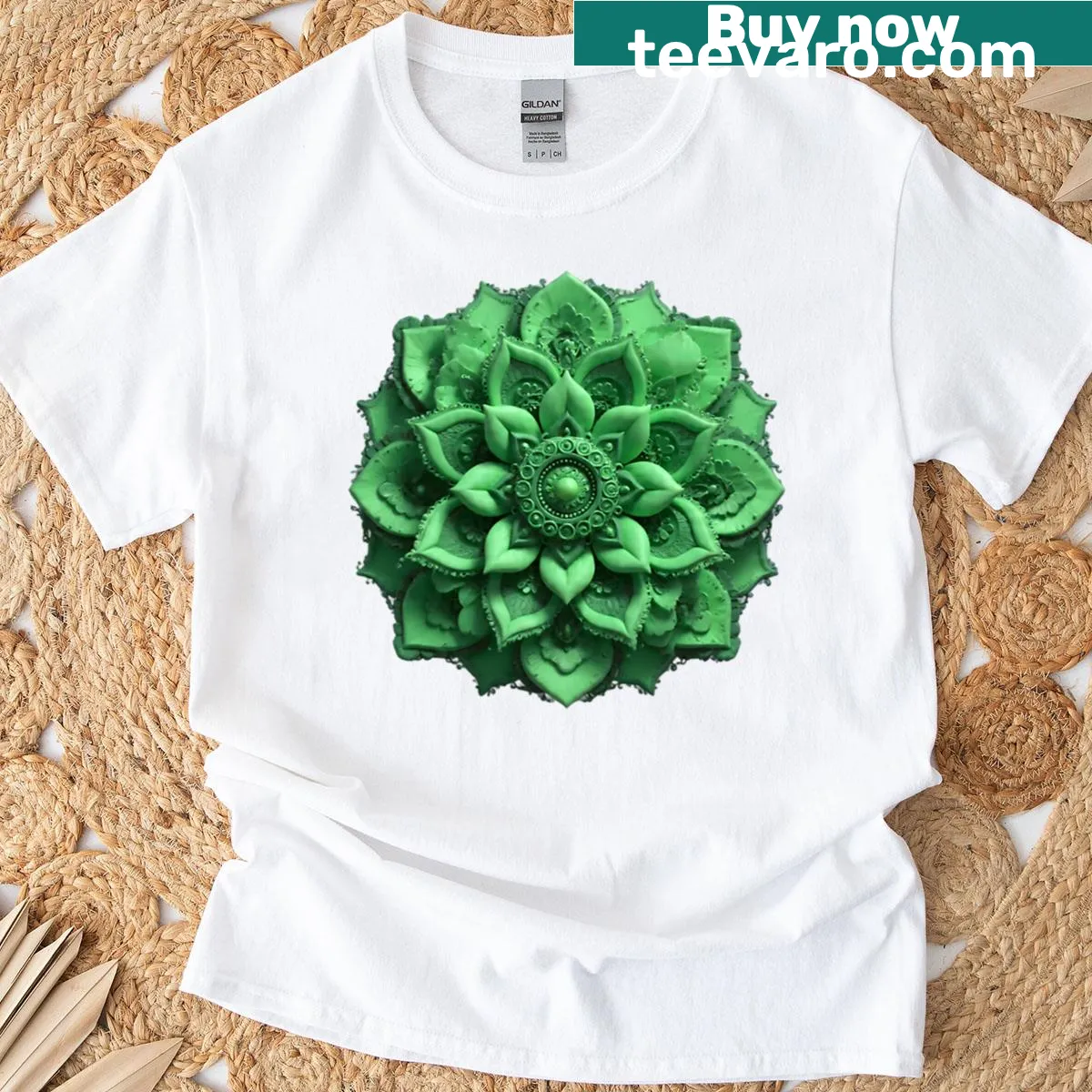Illustrated T-shirt featuring an emerald mandala design — on a men's t-shirt