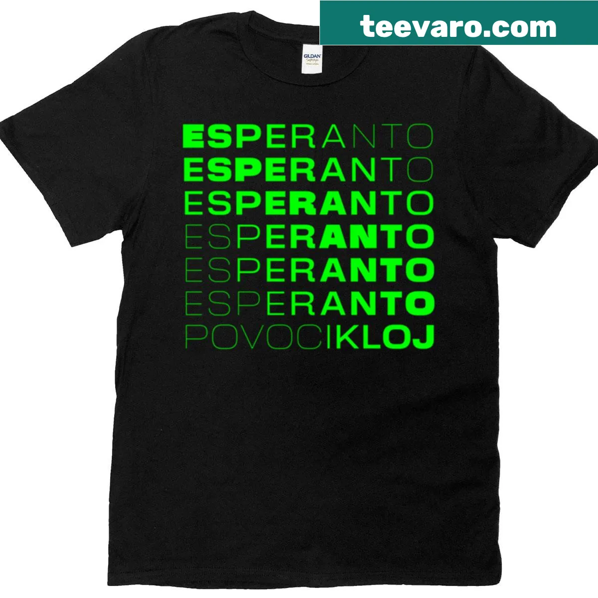 Playful typography T-shirt featuring 'Esperanto Povocikloj' — on a men's t-shirt
