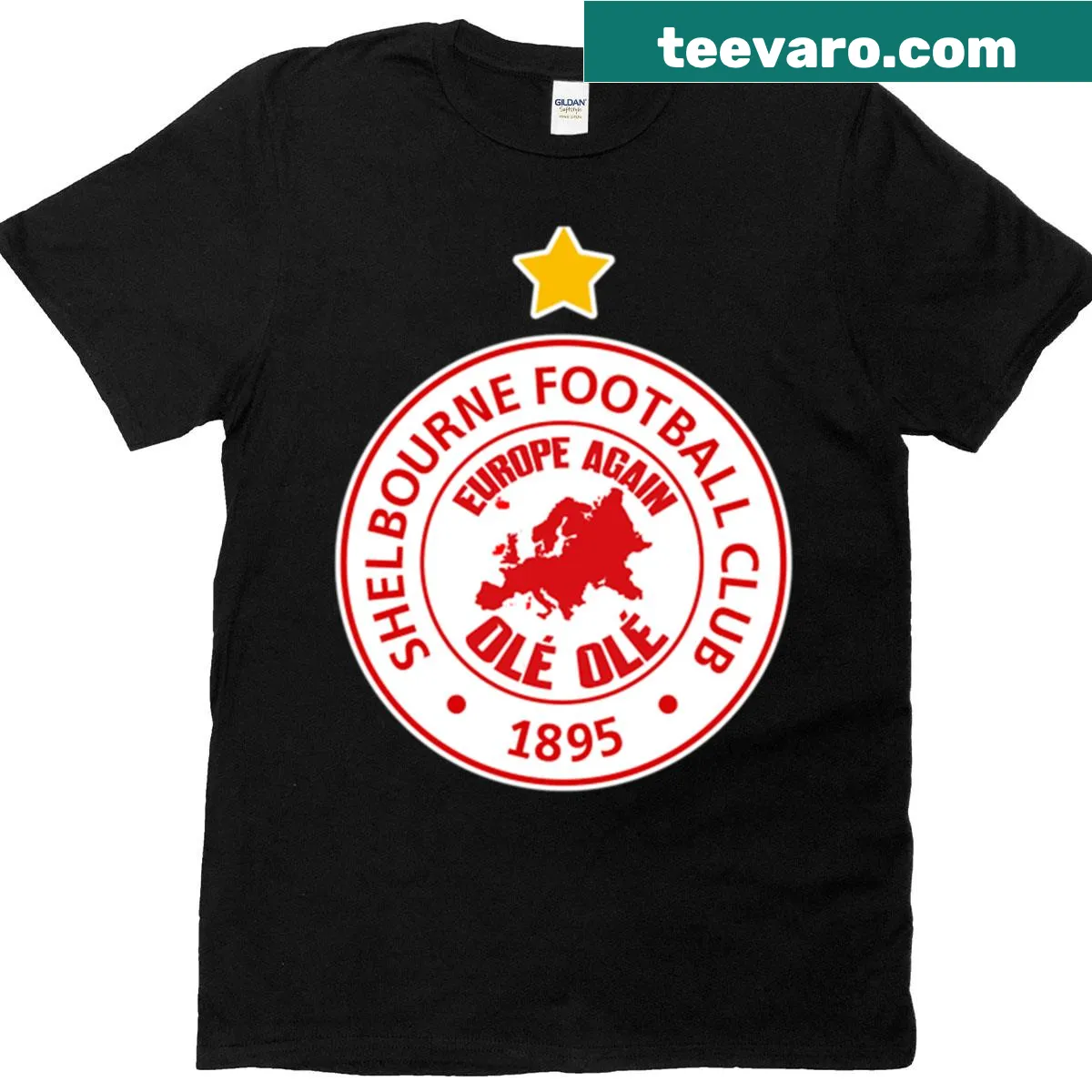 T-shirt with badge-emblem design celebrating Europe — on a men's t-shirt