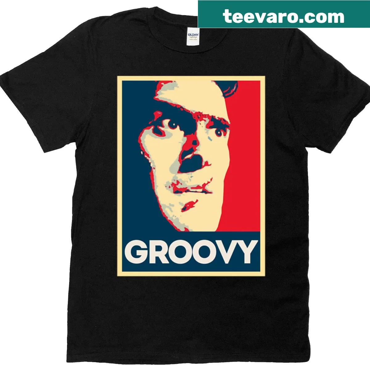 Evil Dead t-shirt featuring the text 'Groovy' in bold typography — on a men's t-shirt