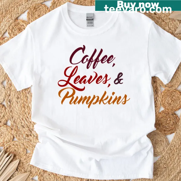 Whimsical lettering T-shirt featuring coffee, leaves, and pumpkins