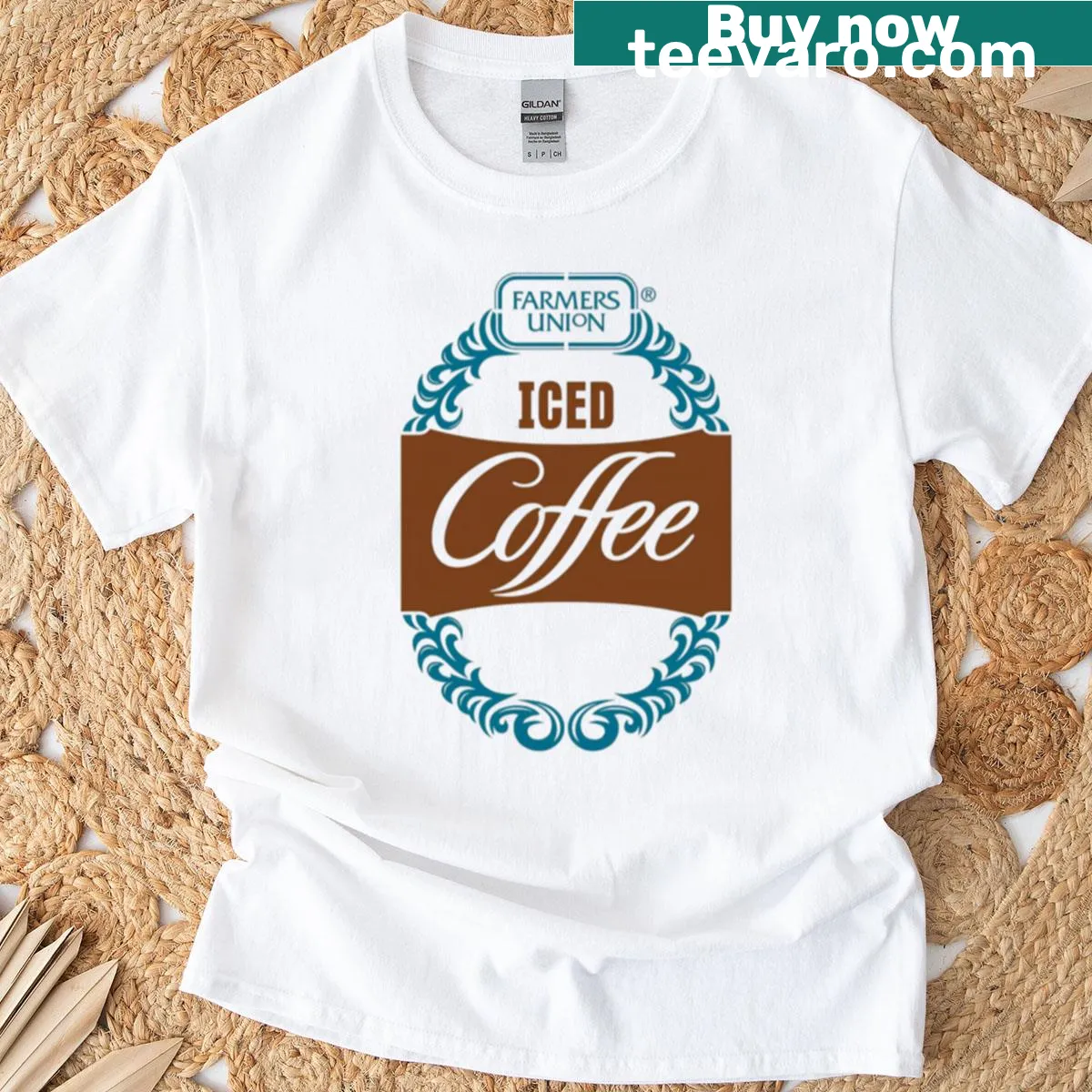 Farmers Union Iced Coffee logo graphic t-shirt — on a men's t-shirt