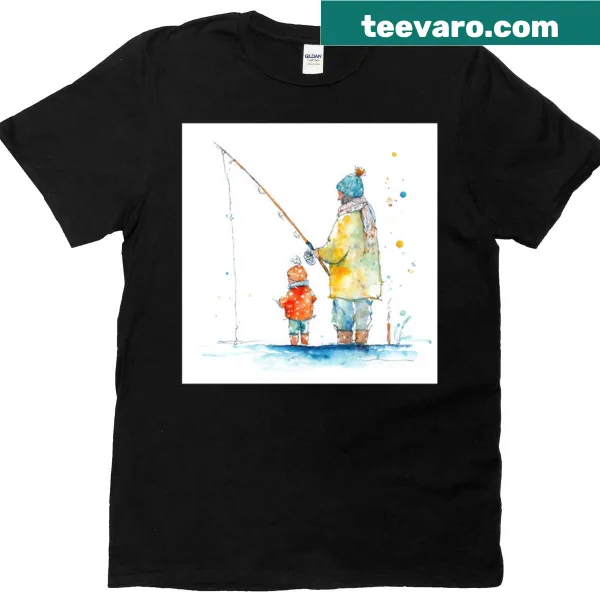 Watercolor illustration of a father and child ice fishing on T-shirt