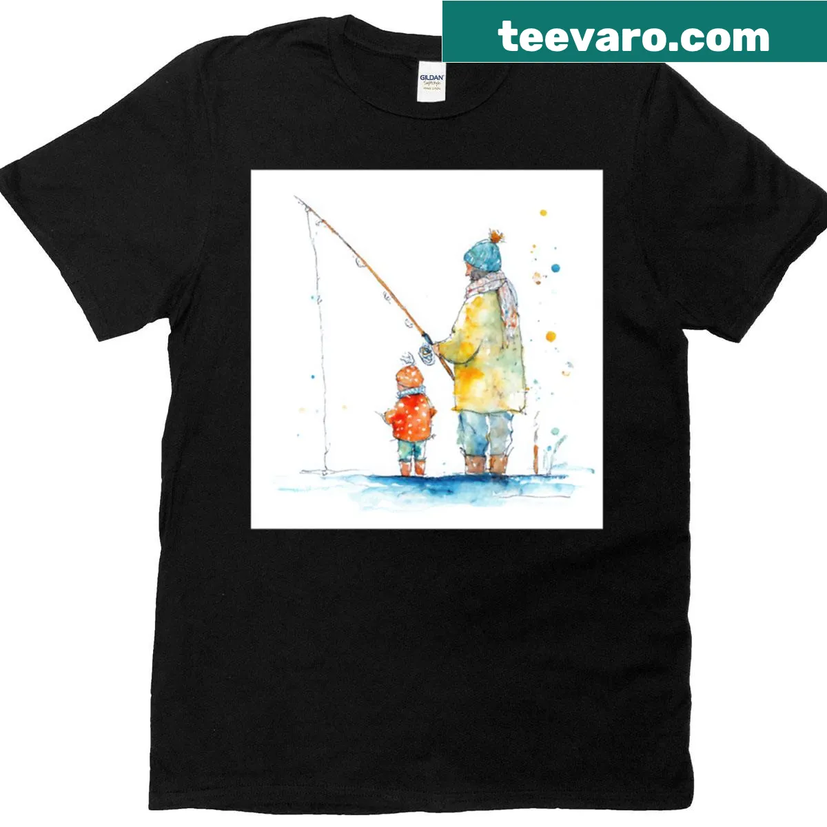 Watercolor illustration of a father and child ice fishing on T-shirt — on a men's t-shirt
