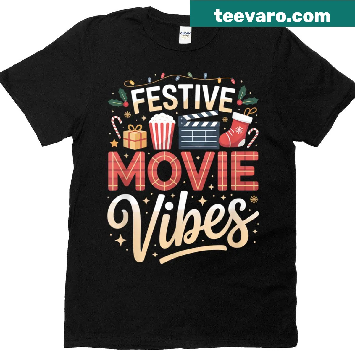 T-shirt with festive movie vibes text for Christmas film nights — on a men's t-shirt