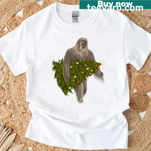 Vintage t-shirt featuring Bigfoot with Christmas lights in a retro style