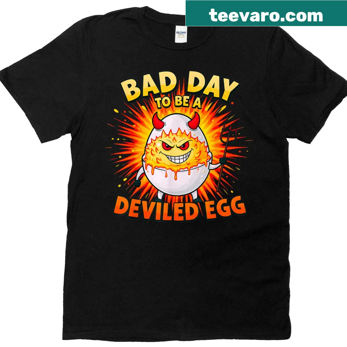 Humorous deviled egg cartoon graphic T-shirt — on a men's t-shirt