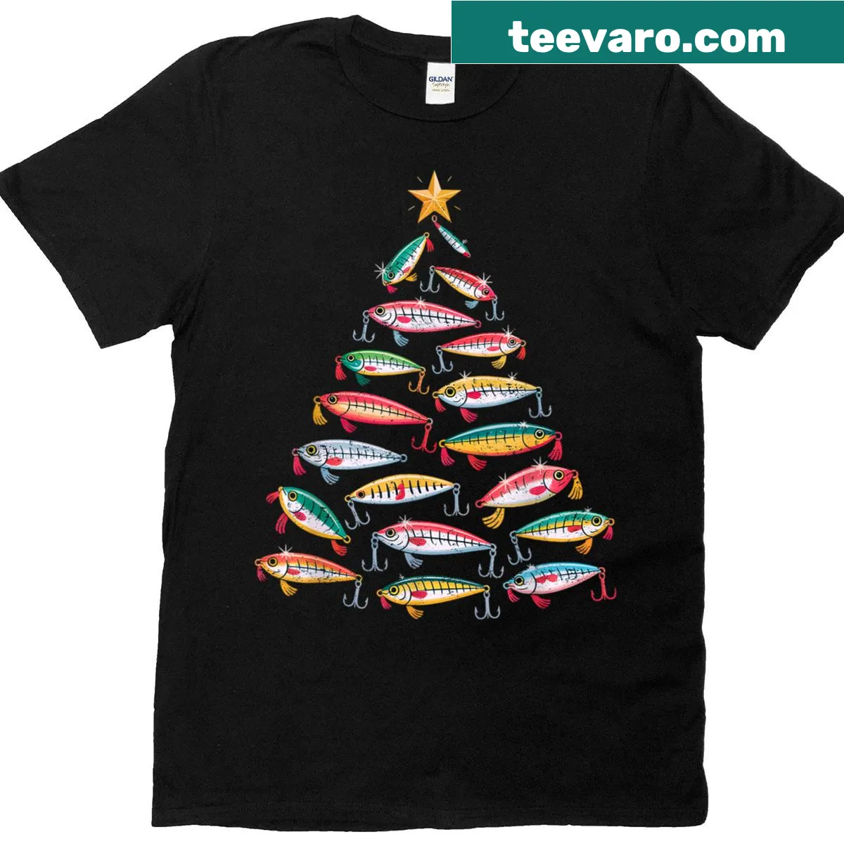 T-shirt with fishing lures and Christmas lights illustration — on a men's t-shirt