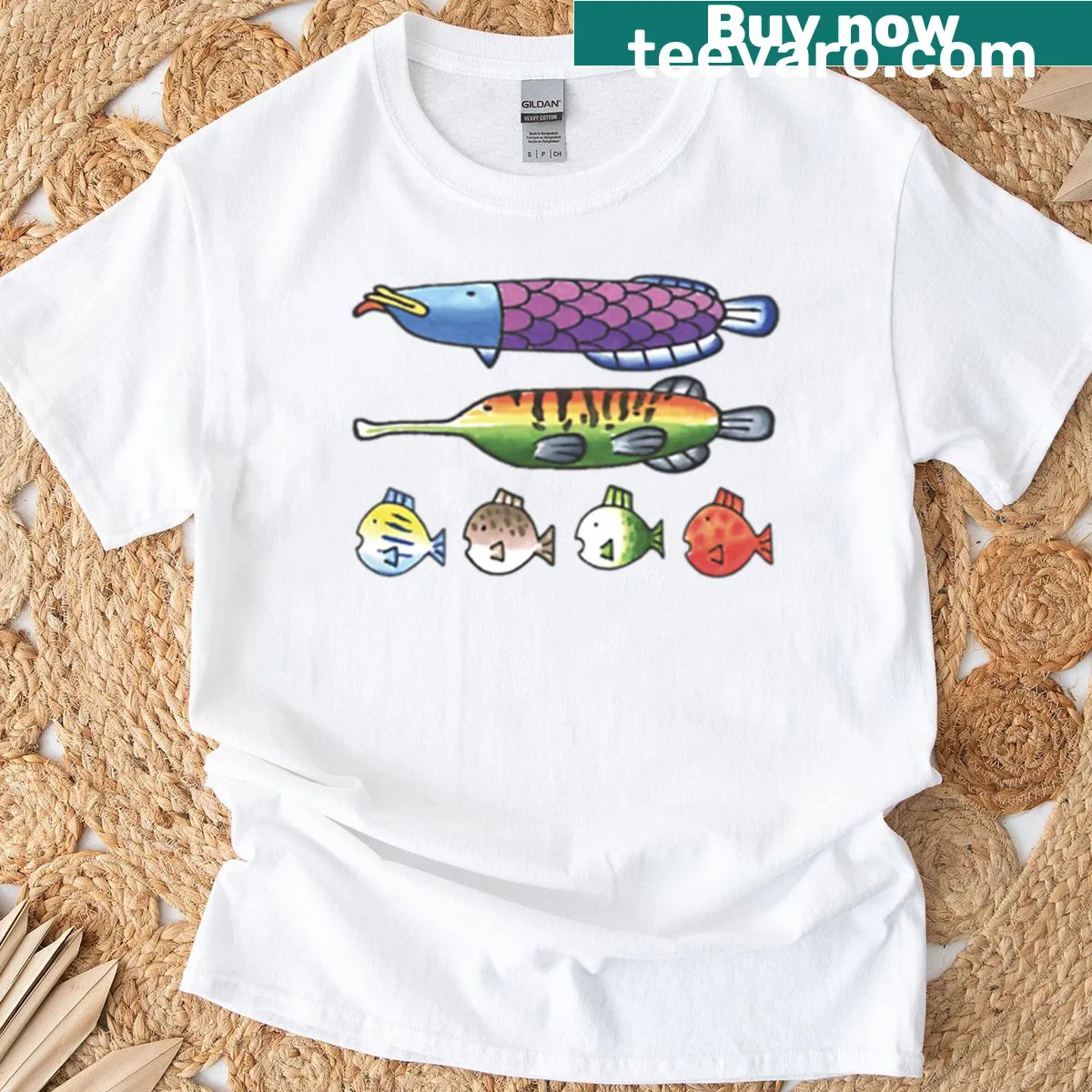 Fishing-themed t-shirt inspired by Wii Sports fish species — on a men's t-shirt