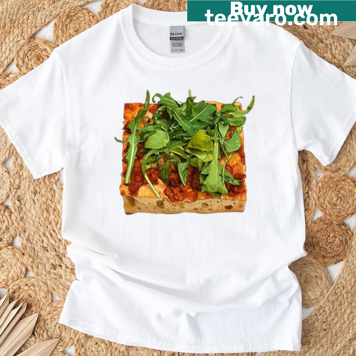 Illustration of focaccia, salsiccia, and rocket on a T-shirt — on a men's t-shirt