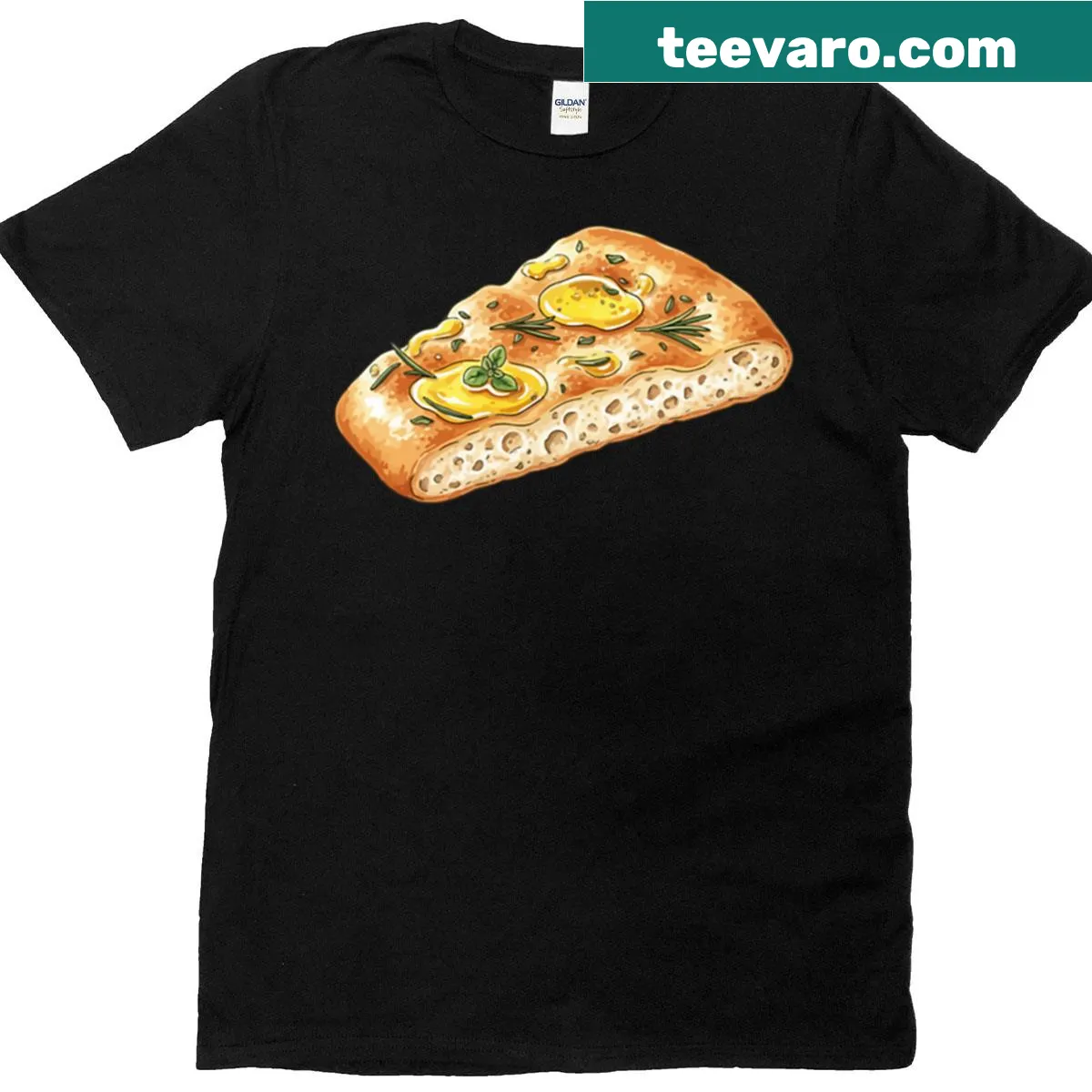 Cartoon focaccia slice t-shirt with playful graphic — on a men's t-shirt