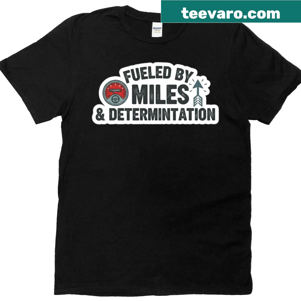Trucker-themed shirt with a bold 'Fueled By Miles' slogan — on a men's t-shirt