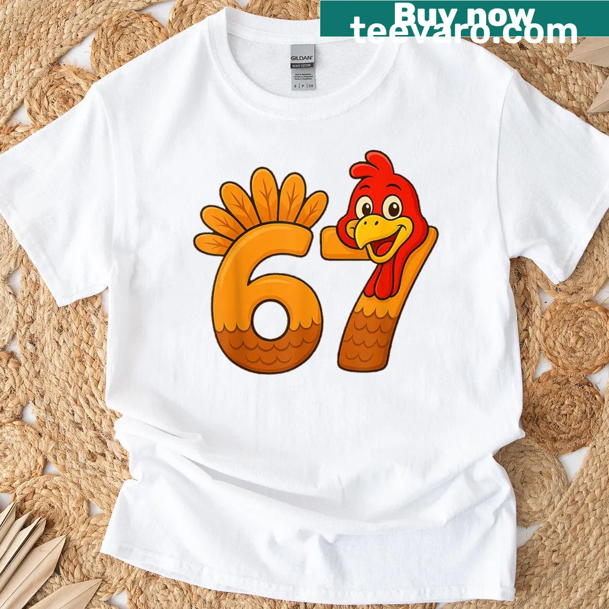 Thanksgiving T-shirt with a turkey face and the number 67 — on a men's t-shirt