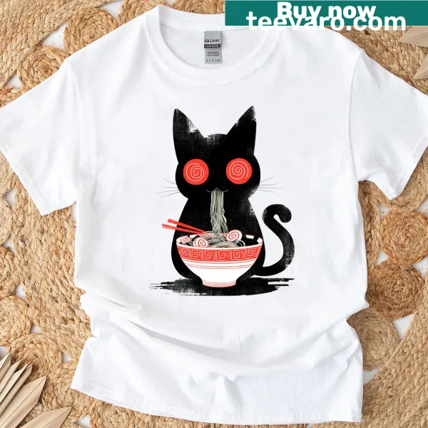 Kawaii black cat eating ramen noodles anime t-shirt
