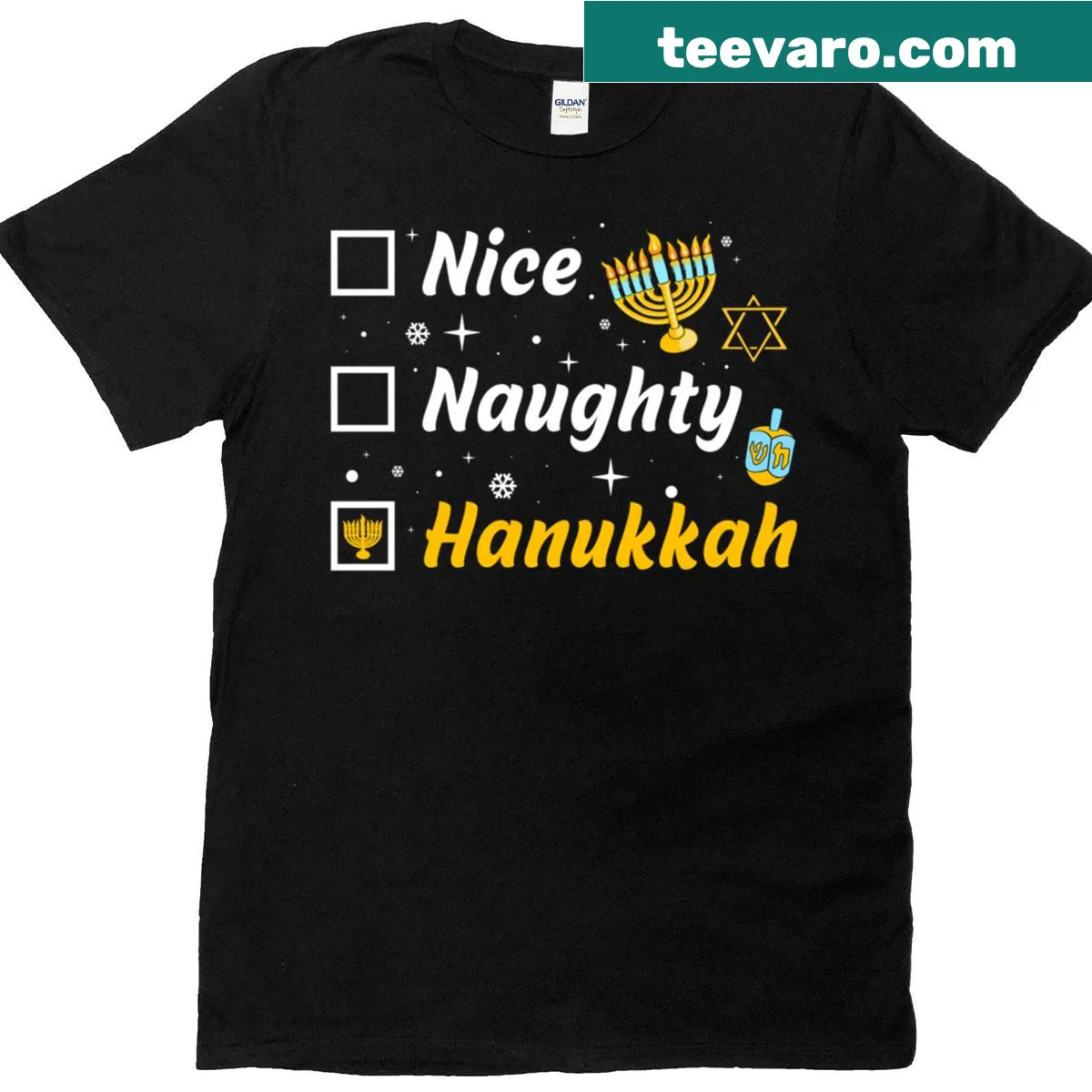 Funny Chanukah t-shirt with Nice and Naughty list graphics — on a men's t-shirt