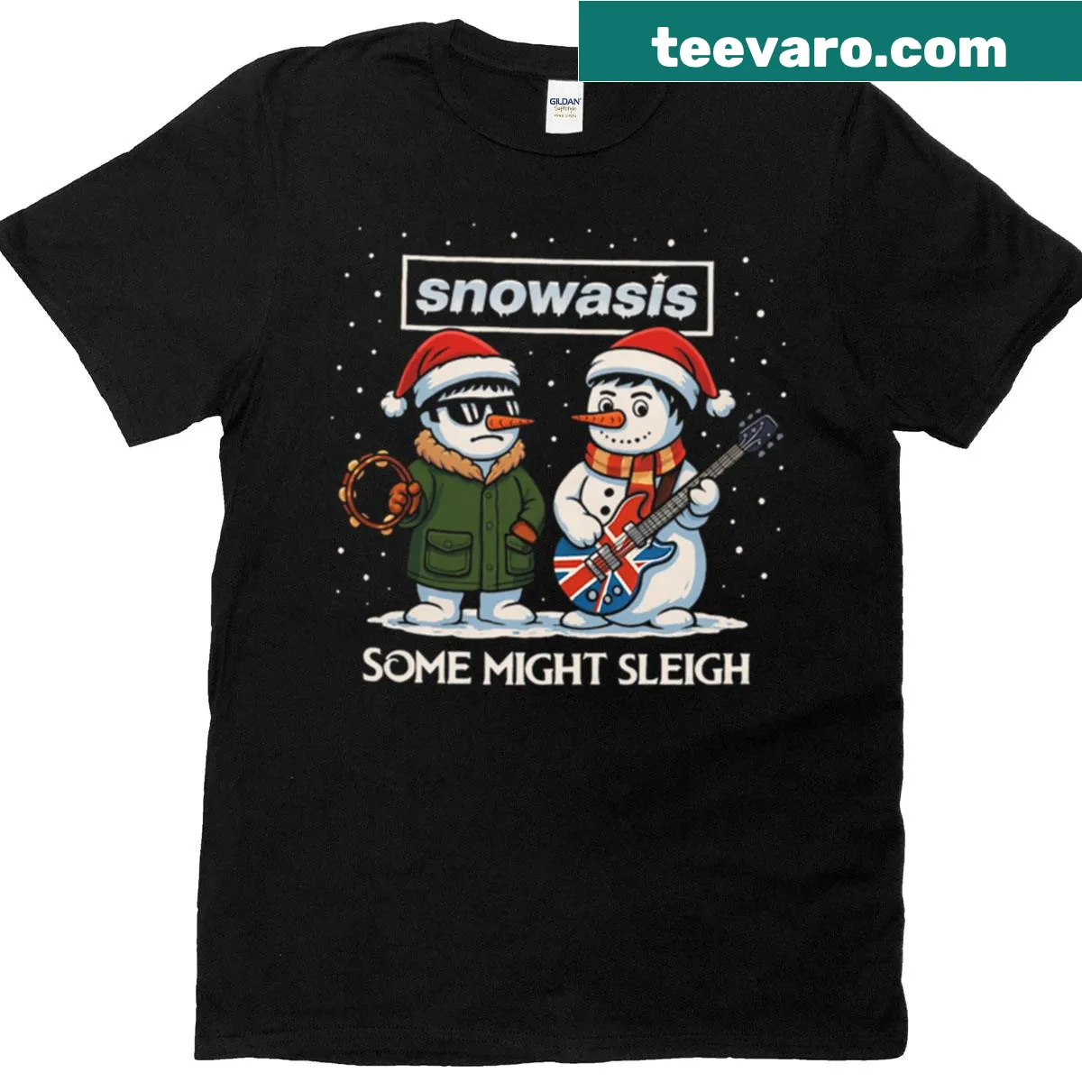 Humorous Christmas tee with a snowman and band parody text — on a men's t-shirt