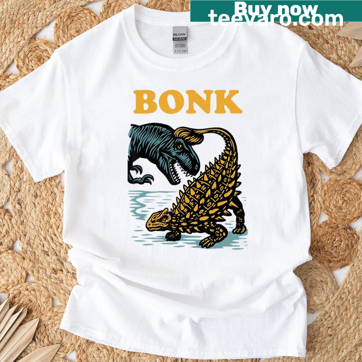 Funny dinosaur 'Bonk' graphic T-shirt for paleontology fans — on a men's t-shirt