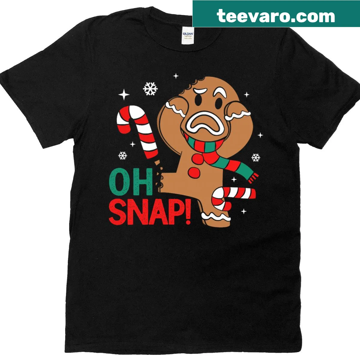 Funny gingerbread man t-shirt with candy cane and 'Oh Snap!' text — on a men's t-shirt
