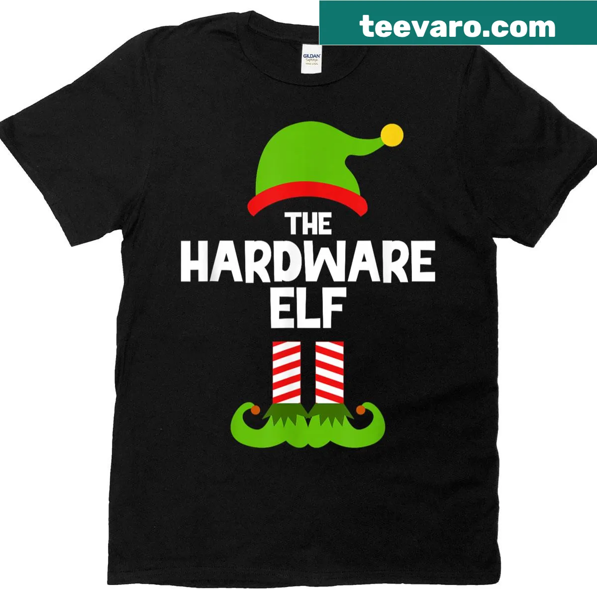 Humorous Christmas T-shirt featuring 'I'm The Hardware Elf' text — on a men's t-shirt