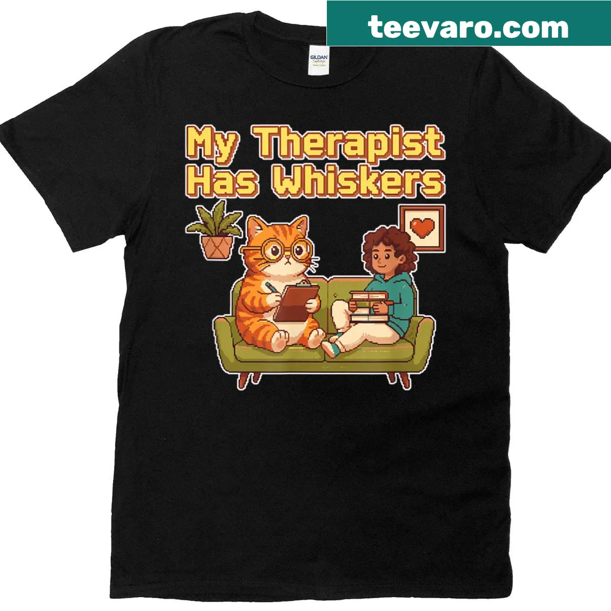 Cartoon pixel cat t-shirt with humorous text about therapy — on a men's t-shirt