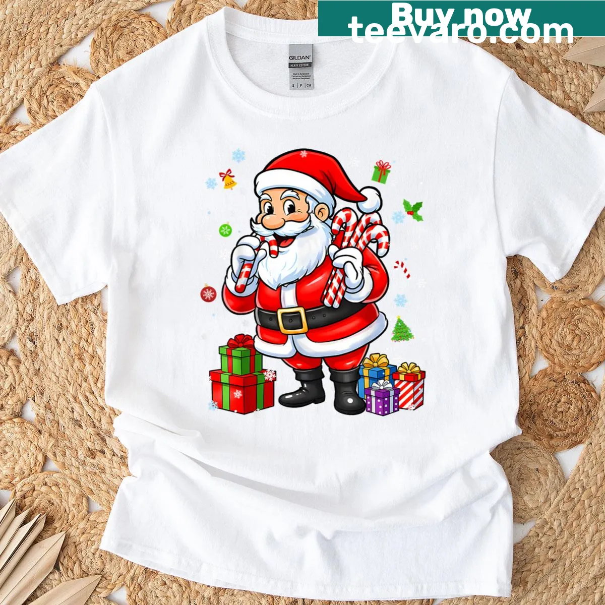 Cute Christmas t-shirt for boys featuring Santa and candy canes — on a men's t-shirt