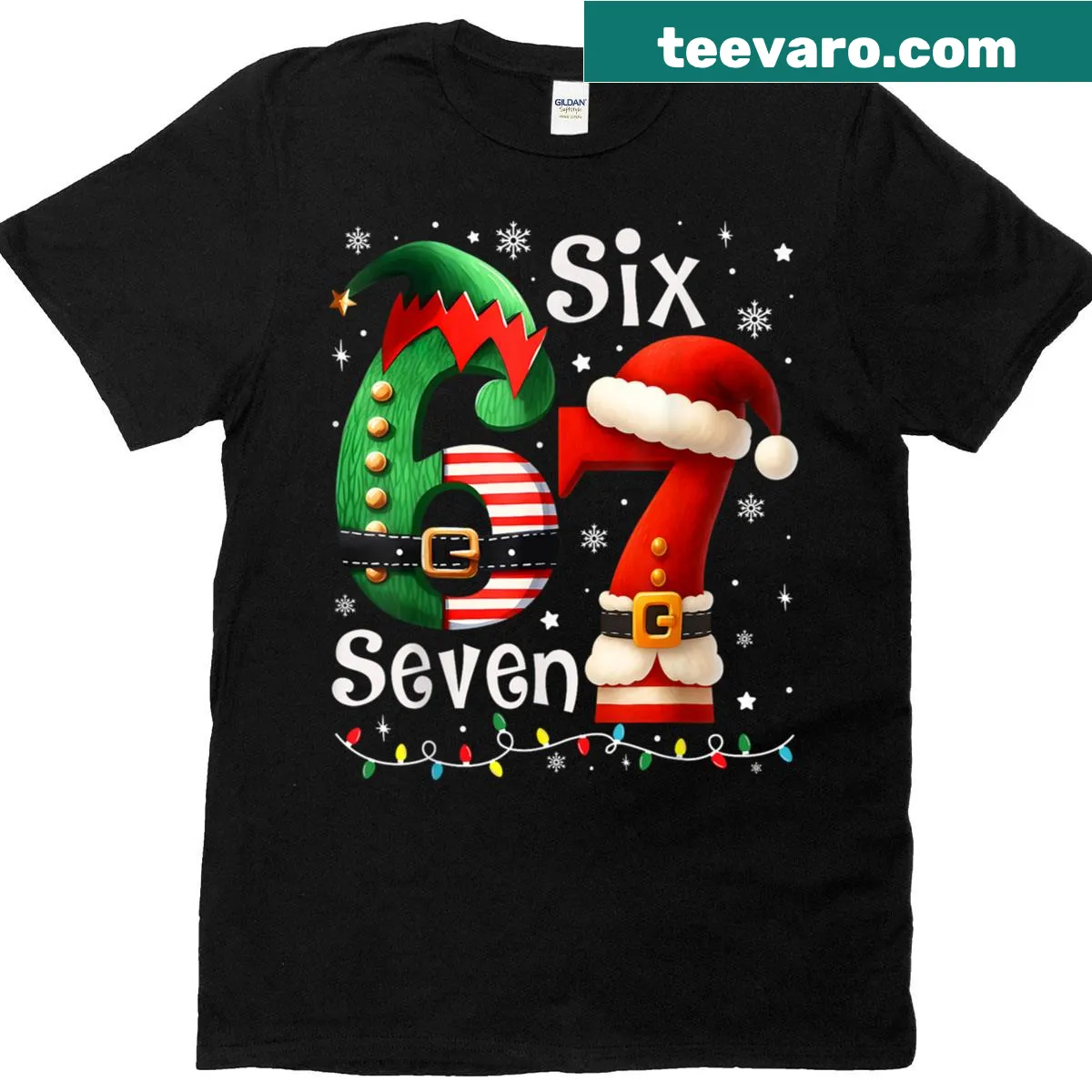 Cartoon elf Santa on a Funny Six Seven meme kids Christmas T-shirt — on a men's t-shirt