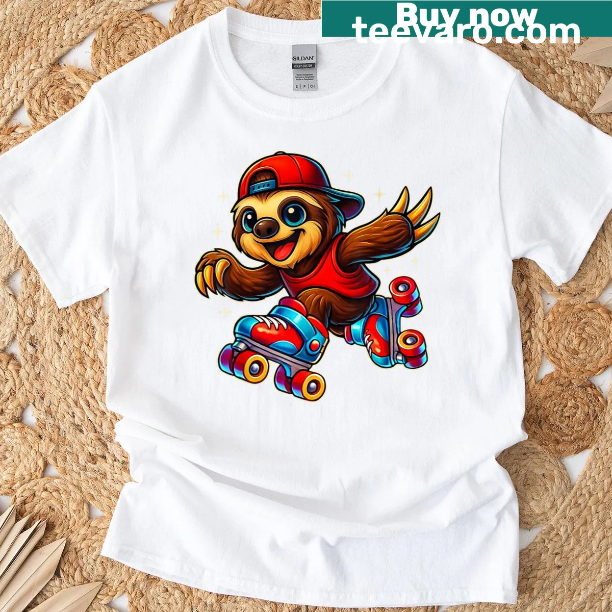 Cartoon sloth on roller skates T-shirt — on a men's t-shirt