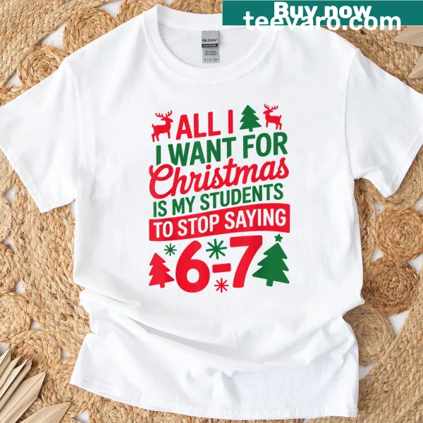 Funny Christmas teacher t-shirt with 'Six Seven' saying and festive design