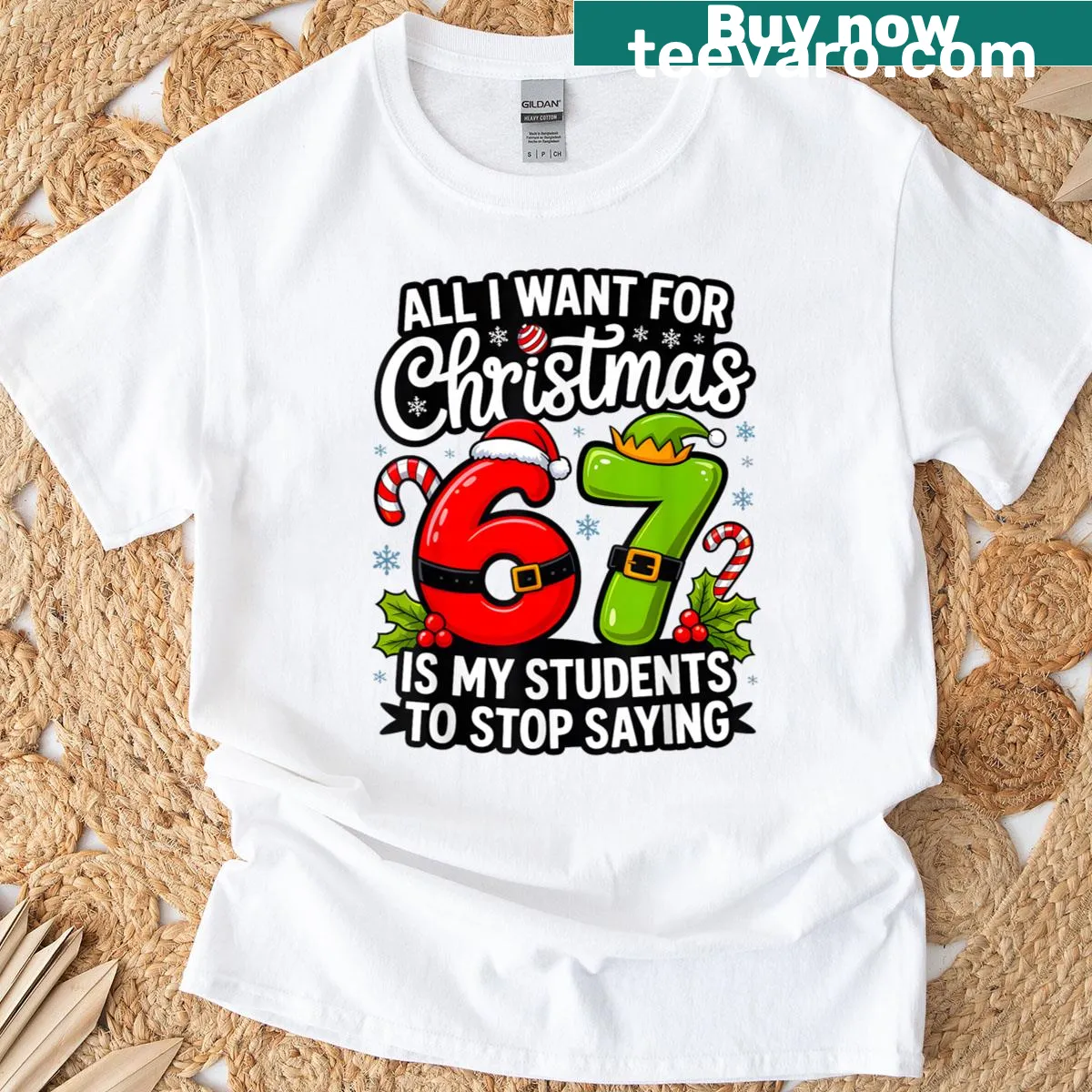 Funny Teacher Christmas shirt with meme text about students saying six seven — on a men's t-shirt