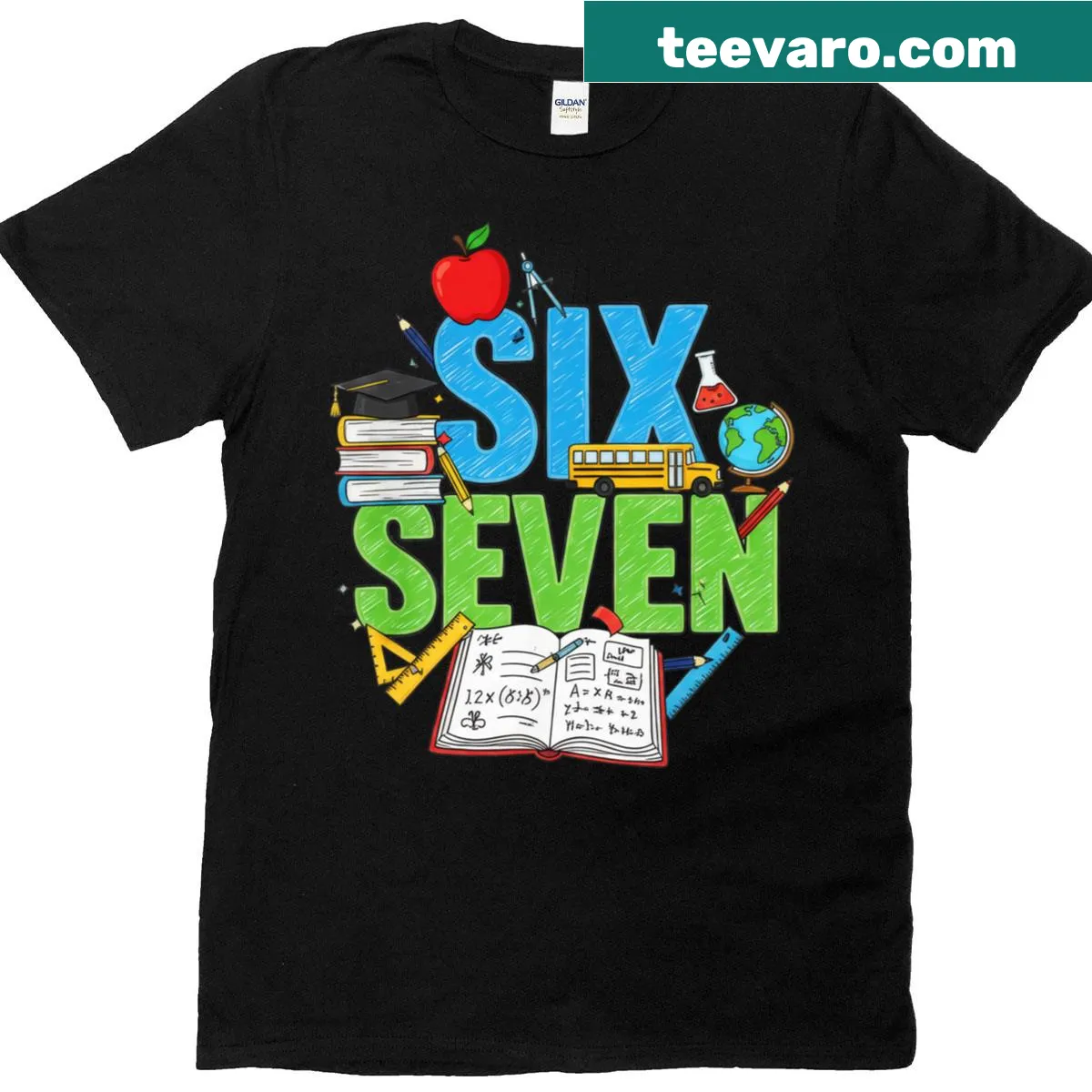 Funny teacher T-shirt with meme-style 6 and 7 design — on a men's t-shirt