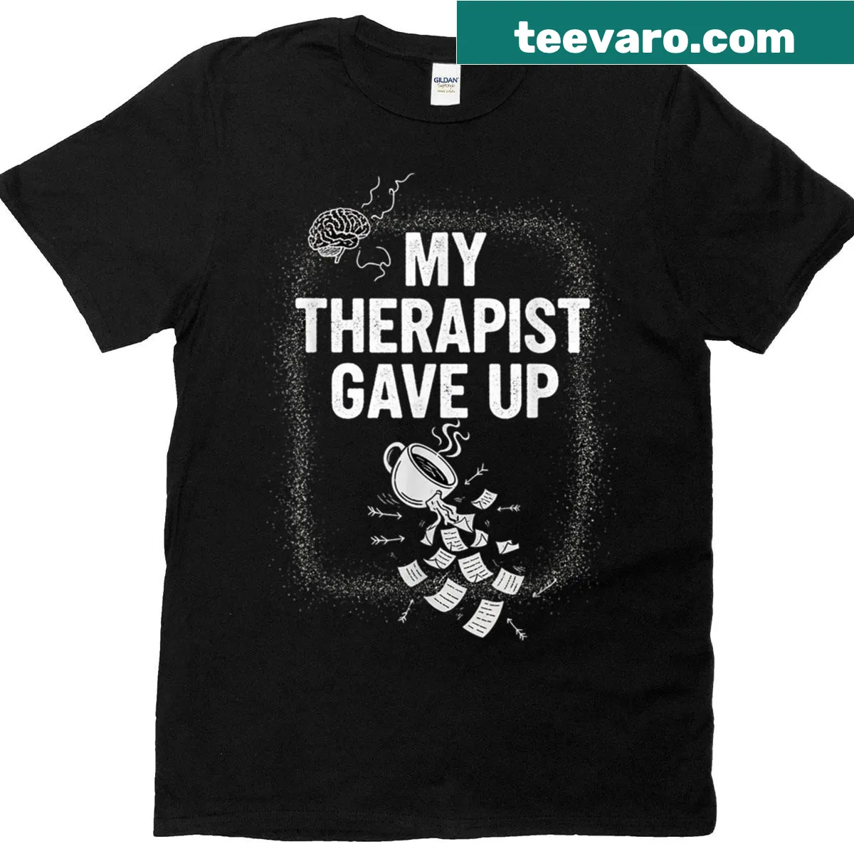 Humorous therapy quote T-shirt about coffee and therapy — on a men's t-shirt